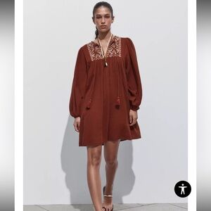 Zara Embroidered Short Dress Long sleeve Bohemian Terra-cotta Women's L